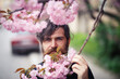 © endrews21 - Charismatic bearded adult man with long mustache and gray hair near cherry blossom trees in spring