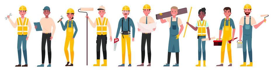 Wall Mural - Group of professional workers in yellow uniform with instruments isolated on white. Concept of teamwork and cooperation at architecture sphere. Vector graphic illustration. Set of professional workers