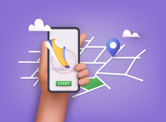 Fototapete - Hand holding mobile smart phone app with track displayed with route. Vector fitness route tracking concept illustration. 3D Vector Illustrations.