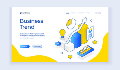 Poster - Business trend. Vector isometric illustration of graph with rising arrow representing positive business trend on modern web banner. Isometric web banner, landing page template