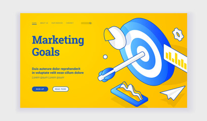 Poster - Marketing goals. Vector isometric illustration of target with arrow amidst charts representing marketing goals achievement on web banner. Isometric web banner, landing page template