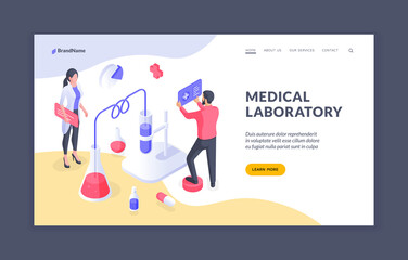 Poster - Medical laboratory. Isometric vector web page design with male and female scientists conducting chemical experiments promoting medical laboratory. Landing page template