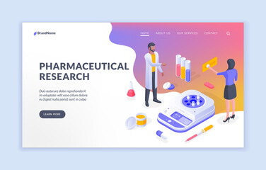 Poster - Pharmaceutical research. Isometric vector illustration with male and female specialist conducting medical research in pharmacy for website information. Isometric web banner, landing page template