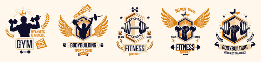 Wall Mural - Fitness sport emblems logos or posters with barbells dumbbells kettlebells and muscle man silhouettes vector set, athletic workout active lifestyle theme, sport club or competition awards.