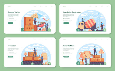Wall Mural - concrete worker web banner or landing page set. professional builder