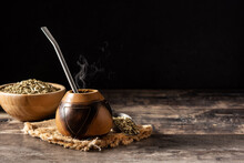 Traditional Yerba Mate Tea On Wooden Table.Copy Space
