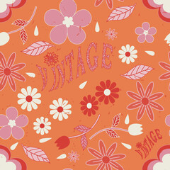 Poster - Bright color vintage flowers with text seamless repeat pattern print background