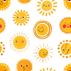 Poster - Seamless childish pattern with cute happy smiling sun characters on white background. Design of repeatable sunny texture in doodle style. Colored flat graphic vector illustration for printing