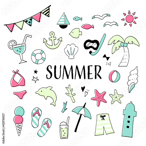 おしゃれでかわいいペン画の夏素材 ベクターセット Vector De Stock Adobe Stock