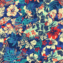 Hibiscus Flowers And Tropical Leaves Fabric  Patchwork  Grunge Abstract  Vector Seamless Pattern 