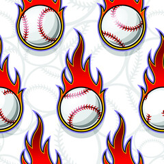 Vector seamless pattern with baseball ball icon and flame