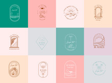 Collection Of Summer Boho Linear Logos, Symbols, Icons Design Template. Editable Vector Logotype.