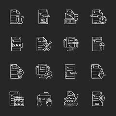 Poster - Copywriting chalk white icons set on black background. Aiming at target audience. Freelance business. Writing commercial text. Website engaging content. Isolated vector chalkboard illustrations