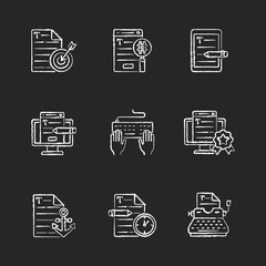 Poster - Writing SEO text chalk white icons set on black background. Urgent copywriting services. Professional journalist. Writing text. Content for online marketing. Isolated vector chalkboard illustrations