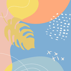Poster - Abstract tropical background vector with palm leaf and shapes, lines and doodles in pastel colors