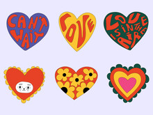 Vector Set Of Valentines In Hippie Style.Vintage Heart Shapes With Flowers And Lettering.Love Message Sticker.Vintage Postcards In The Style Of The 60s And 70s.Retro Tattoo Templates. Funny Hand Drawn