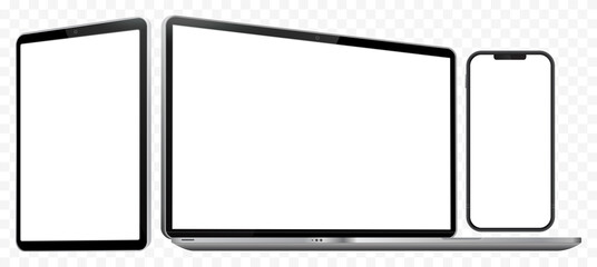 Poster - Laptop Computer, Mobile Phone and Tablet PC Mockup. Digital devices screen template vector illustration with transparent background.