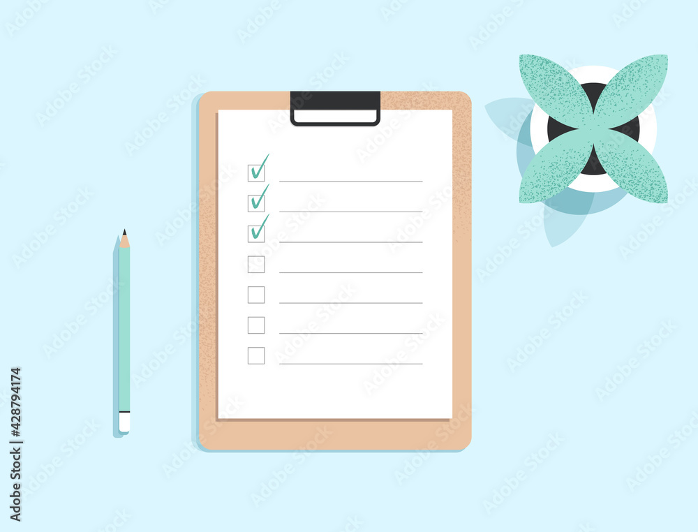 Clipboard with checklist on a white sheet of paper with green tick marks. Check list, to do, questionnaire concept. Document on the table. Top view. Minimalist isolated flat vector illustration - obrazy, fototapety, plakaty 