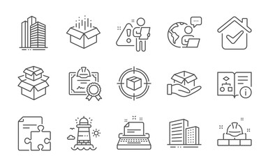 Poster - Construction bricks, Technical algorithm and Hold box line icons set. Parcel tracking, Buildings and Open box signs. Skyscraper buildings, Packing boxes and Strategy symbols. Line icons set. Vector