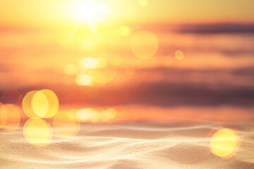Wall Mural - copy space of soft sand sea and blur tropical beach with sunset sky and cloud abstract background.