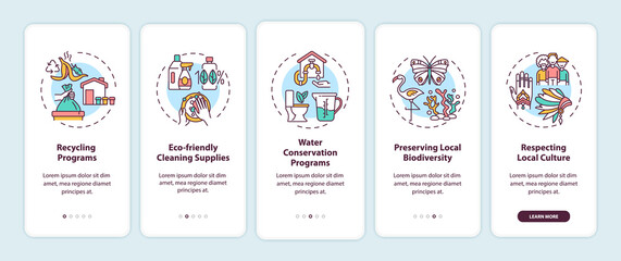 Green hotel features onboarding mobile app page screen with concepts. Recycling programs walkthrough 5 steps graphic instructions. UI, UX, GUI vector template with linear color illustrations