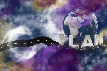 Wall Mural - word plan on wheels as a car around the world map on cosmos background.