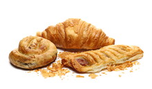 Fresh Breakfast Pastry With Cheese And Spinach, Bavarian Pastry And French Croissant Isolated On White Background