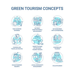 Wall Mural - Green tourism concept icons set. Reduce water consumption. No daily sheets and towels replacement idea thin line RGB color illustrations. Vector isolated outline drawings. Editable stroke