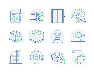 Poster - Industrial icons set. Included icon as Hold box, Lift, Engineering documentation signs. Lighthouse, Customisation, Construction bricks symbols. Search package, Skyscraper buildings. Vector