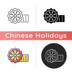 Wall Mural - Mooncakes icon. Chinese bakery product. Mid-autumn festival. Harvest moon. Chinese autumnal season. Thick traditional pastry. Linear black and RGB color styles. Isolated vector illustrations