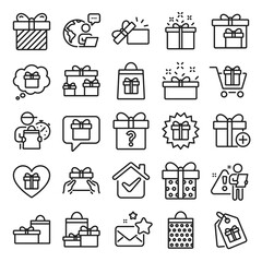Aufkleber - Gift line icons. Present box, Offer and Sale. Shopping cart, Tag and Chat. Speech bubble, Give a gift box, question mark, birthday discount. Shopping sale cart, present tag, delivery. Vector