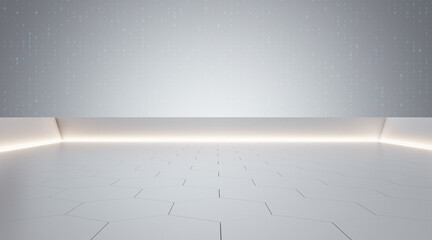 Aufkleber - Front view on empty stage with futuristic design board, honey combs effect tiles and light blank wall, 3D rendering, mockup