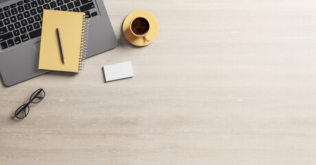 Poster - Blank light wooden table with yellow notebook and tea cup, grey laptop and white business card, 3D rendering, mockup