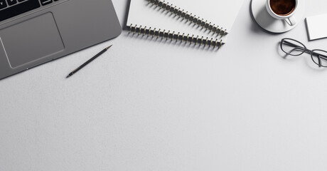 Poster - Stylish work place with notebook, modern laptop and glasses on blank white table. 3D rendering, mockup
