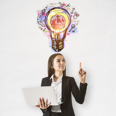 Poster - Smart businesswoman looking at the brain inside a lightbulb colorful sketch on a white background. Idea and innovation concept