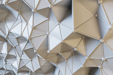 Poster - Perspective view on abstract stylish wall made from volumetric light glossy triangles connected by lines and small balls