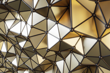 Aufkleber - Perspective view on abstract futuristic style backdrop with golden volumetric glossy triangles, black lines and small balls