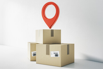 Poster - Online shopping delivery service concept with cardboard boxes on the floor with red pinpoint icon at blank light wall background