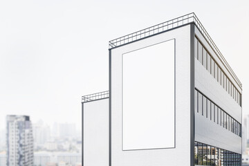 Wall Mural - Blank vertical white outdoor billboard on brick wall of modern building at blurry city background. 3D rendering, mockup