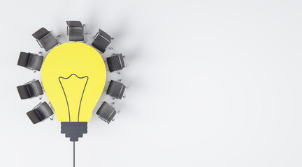 Poster - Innovative business and teamwork concept with yellow light bulb table and black office chairs around on light backdrop. 3D rendering, mockup