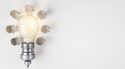 Poster - Teamwork and brainstorming concept with glowing light bulb and light office chairs around on blank white surface. 3D rendering, mockup