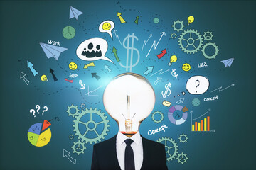 Aufkleber - Brainstorming and idea concept with light glowing light bulb instead of head on man and handwritten sketch of social media icons, dollar sign and question mark backdrop