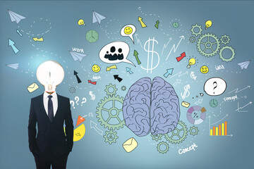 Aufkleber - Creative concept with man body with light bulb on neck near handwritten sketch of human brain and thinking process background