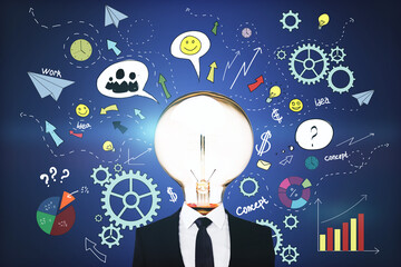 Aufkleber - Idea and innovation concept with glowing light bulb on man body shoulders and background with gears, graphs, social media icons
