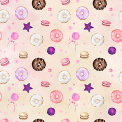 Poster - Seamless pattern with watercolor donuts, macaroons and candies on light vanilla background.