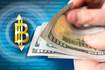 Poster - Bitcoin exchange for dollars. Concept - exchanges for exchanging cryptocurrencies. Bitcoin exchange. Dolaars in hands and bitcoin logo. Buying cryptocurrencies on an electronic exchange.