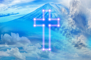 Wall Mural - Cross christian on background of nature. Christian religion symbol. cross christian consists of neon glowing lines. Mountains and clouds with double exposure. Cross catholic modern design.