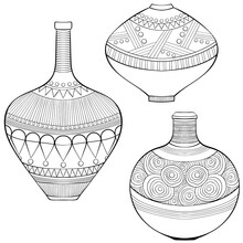Set Of Three African Ethnic Vases Different Types. African, American, Tribal, Aztec Style. Line Art Hand Drawn Isolated On White Background. Sketch For Tattoo, Coloring Book Page
