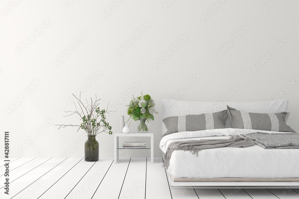 Soft color bedroom interior. Scandinavian design. 3D illustration - obrazy, fototapety, plakaty 