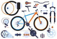 Mountain Bike, Details To It. Set Of Bicycle Parts. Bicycle Transmission, Frame, Wheels, Brakes.